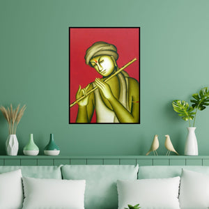 Preview of 'Krishna' Painting by Monica shown on a wall in a furnished room.