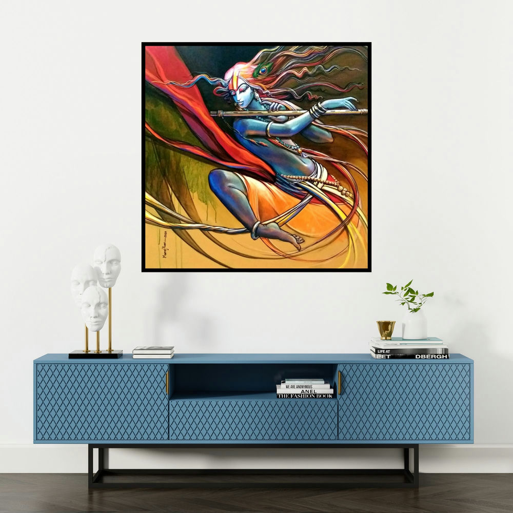 'Krishna 2 (Krishna Flute Melody)' painting by Manoj Das shown on a wall in a furnished room.