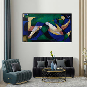 Satyendra Rane's 'Krishna (Reclining Flute Player)' painting visualized above a sofa in a contemporary room.