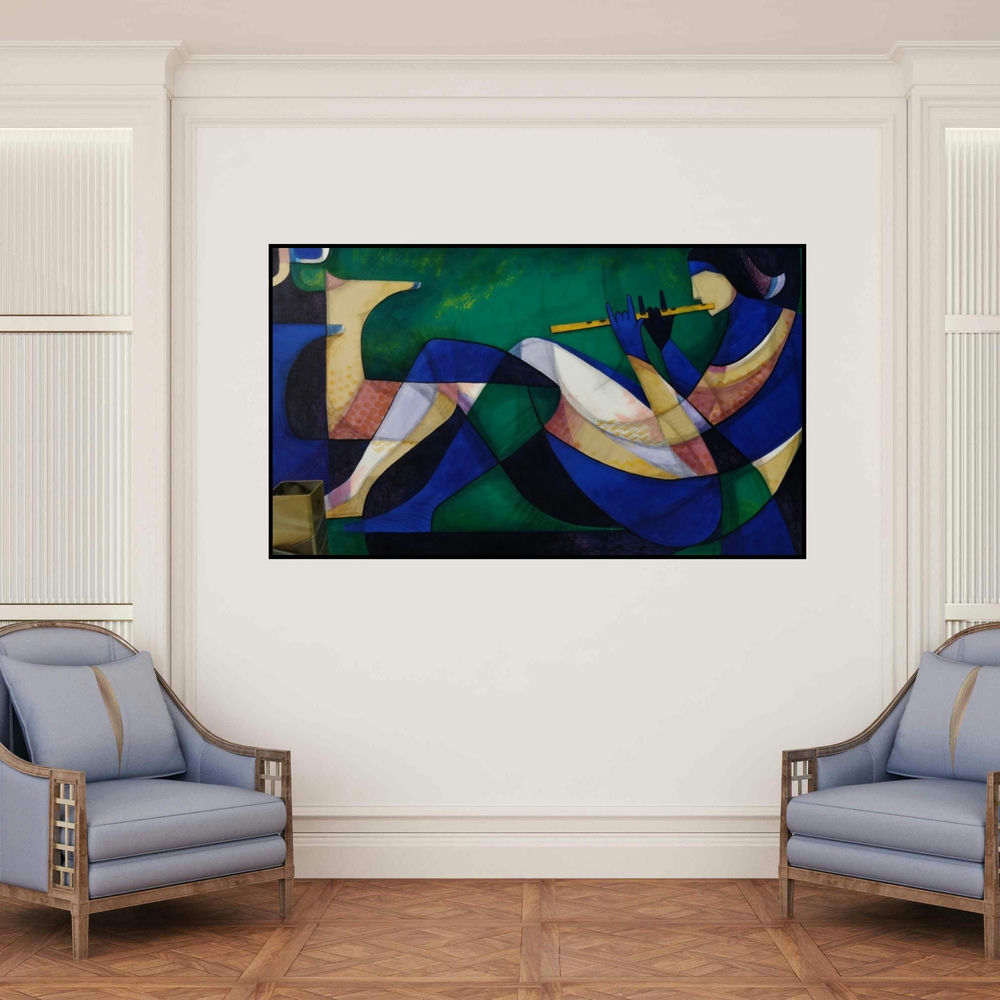 'Krishna (Reclining Flute Player)' painting by Satyendra Rane shown on a wall in a furnished room.
