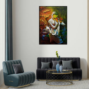 Anupam Pal's 'Krishna' painting visualized above a sofa in a contemporary room.