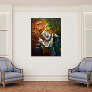 'Krishna' painting by Anupam Pal shown on a wall in a furnished room.