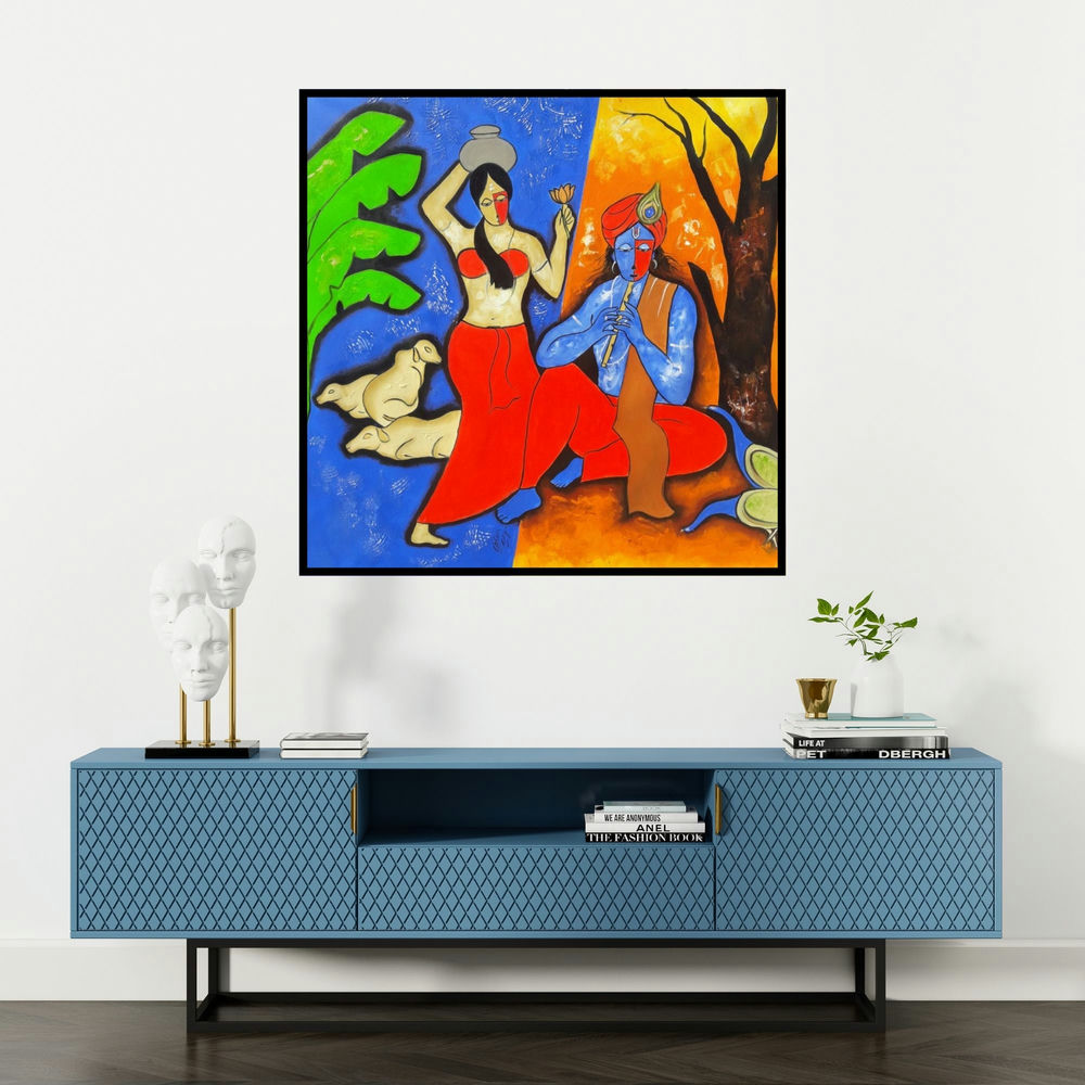'The Krishna 3' painting by Chetan Katigar shown on a wall in a furnished room.