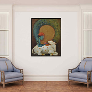 In-situ view of Durshit Bhaskar's 'Krishna (Krishna with Cow and Peacock)' painting in a room