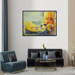 Preview of 'Krishna (Symphony of the Soul)' Painting by Durshit Bhaskar shown on a wall in a furnished room.