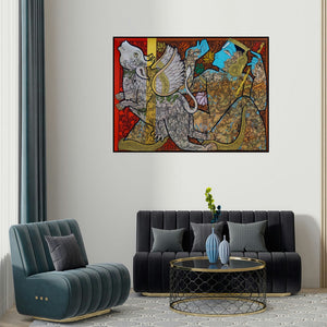 Ramesh Gorjala's 'Krishna (Divine Cowherd)' painting visualized above a sofa in a contemporary room.