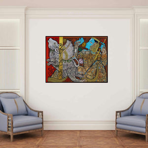'Krishna (Divine Cowherd)' painting by Ramesh Gorjala shown on a wall in a furnished room.