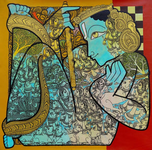 Religious acrylic painting titled 'Krishna', 24x24 inches, by artist Ramesh Gorjala on canvas