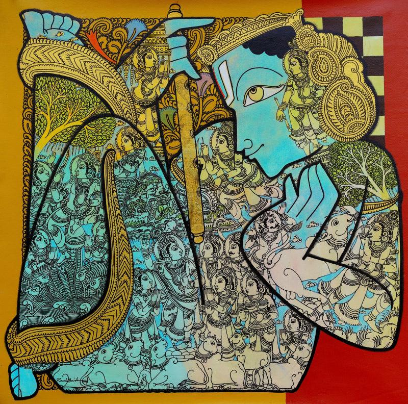 Religious acrylic painting titled 'Krishna', 24x24 inches, by artist Ramesh Gorjala on canvas