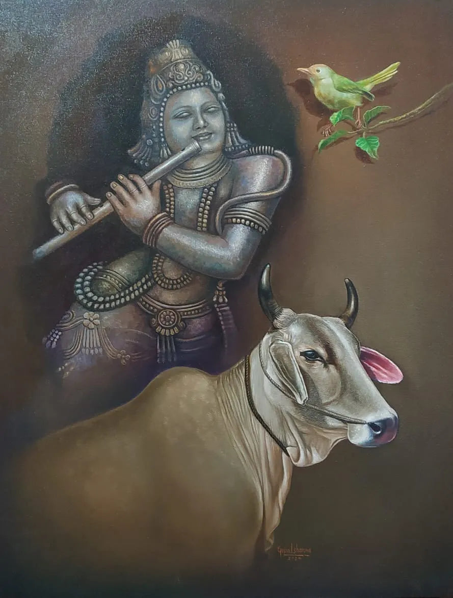 Religious oil painting titled 'Krishna', 24x18 inch, by artist Gopal Sharma on Canvas