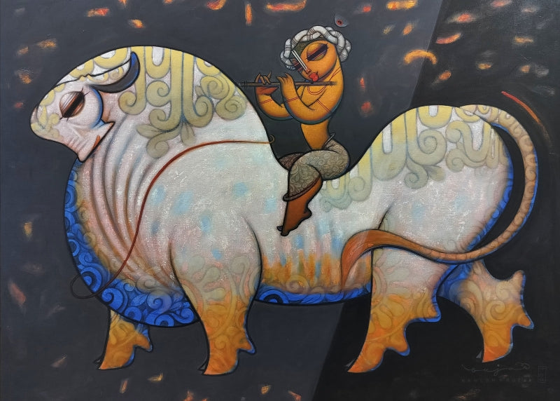 Krishna' religious acrylic painting by artist Ramesh Gujar, 51x62 inch, on canvas