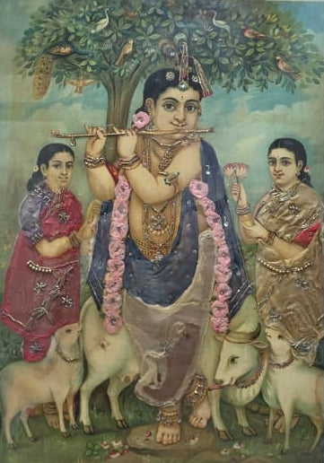 Krishna' religious oleograph painting by artist Raja Ravi Varma, 25x19 inch, on paper