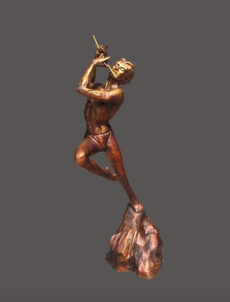 Krishna' religious Brass, Metal sculpture by artist Rohan Sonavane, 24x10 inch, on brass, metal