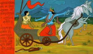 Krishna And Arjuna (Divine Guidance) by Chetan Katigar, Original Acrylic Religious Painting on Canvas, Large Horizontal Wall Art