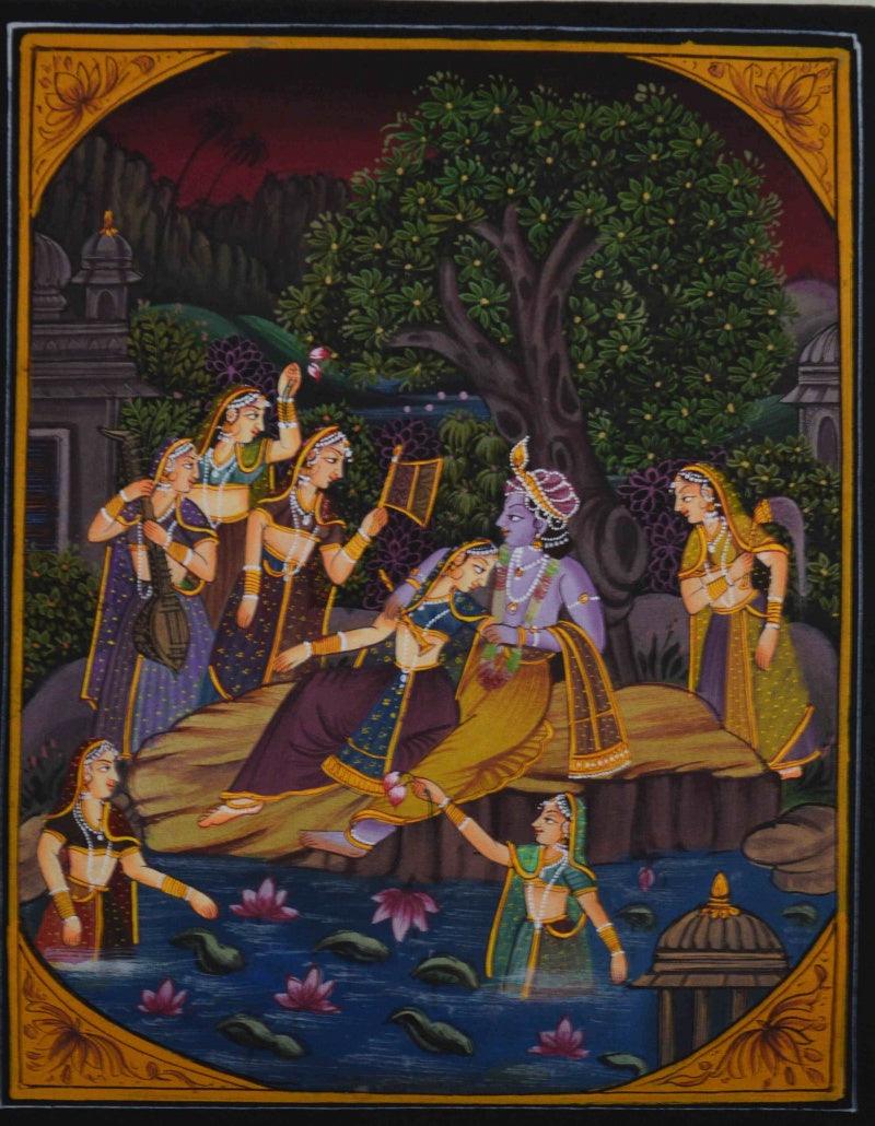 Religious miniature traditional art titled 'Krishna And Radha Sharing Peaceful Momen', 12x9 inches, by artist Unknown on Silk