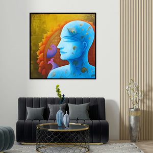 Anjali Surana's 'Krishna Bhakti (The Third Eye)' painting visualized above a sofa in a contemporary room.