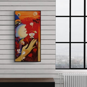 Preview of 'Krishna Calling (Celestial Radiance)' Painting by Laxmi Mysore shown on a wall in a furnished room.