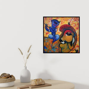 In-situ view of Ramesh Gujar's 'Krishna With Cow 30 (Divine Melody)' painting in a room