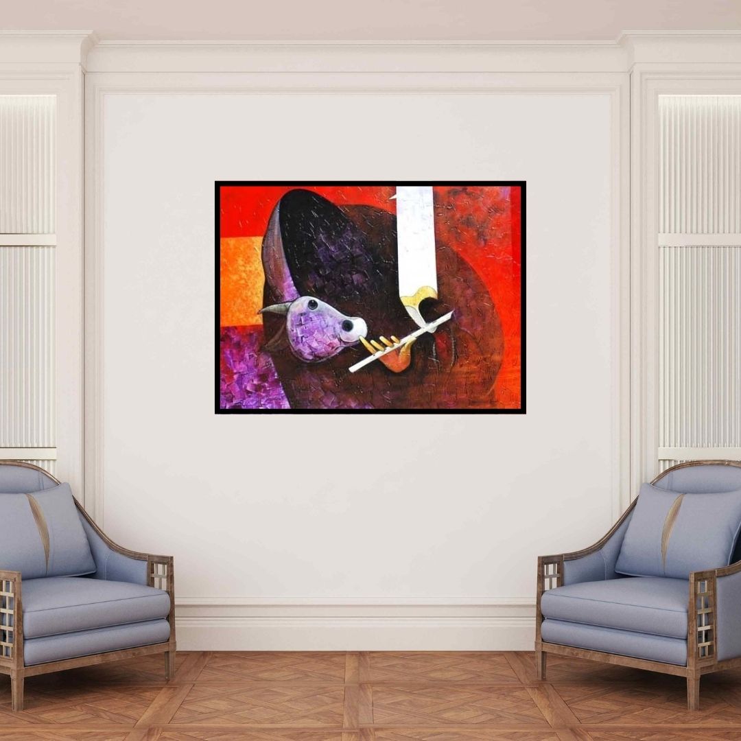 In-situ view of Narayan Shelke's 'Krishna With The Cow (Crimson Harmony: The Flutes Enchantment)' painting in a room