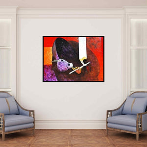 In-situ view of Narayan Shelke's 'Krishna With The Cow (Crimson Harmony: The Flutes Enchantment)' painting in a room