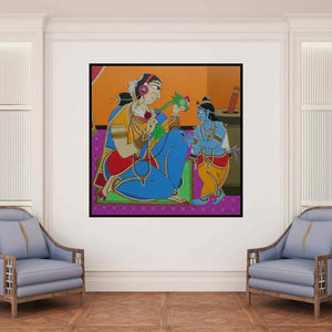 In-situ view of Shahed Pasha's 'Krishna Finding A Song' painting in a room