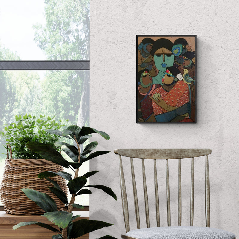 In-situ view of Priyanka Chivte's 'Krishna With Gopika (Divine Dance)' painting in a room