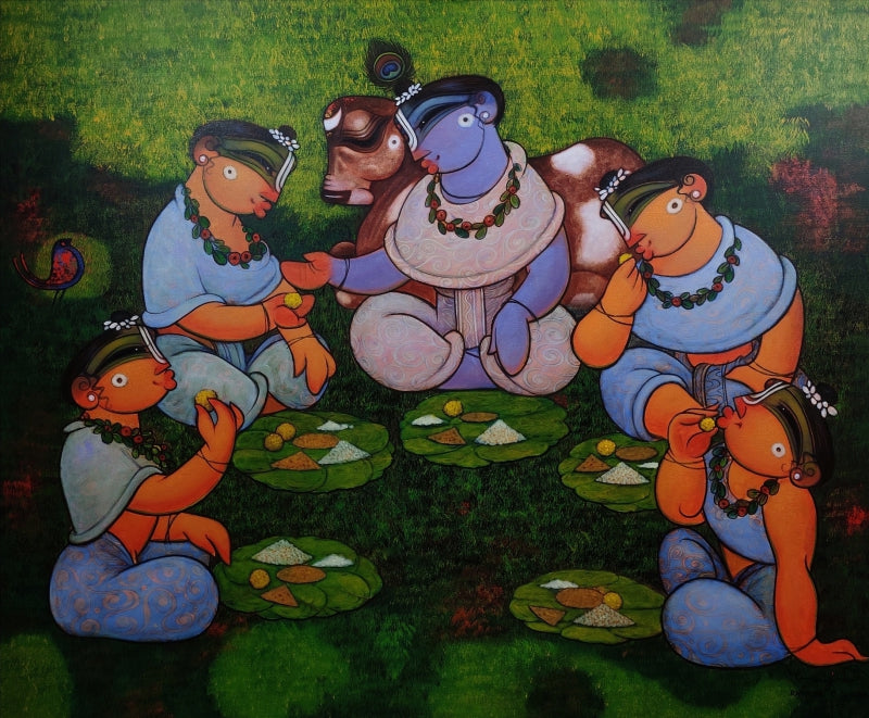 Krishna With Gopis' religious acrylic painting by artist Ramesh Gujar, 51x62 inch, on canvas