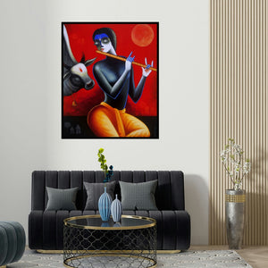'Krishna With His Friend' painting by Santosh Chattopadhyay shown on a wall in a furnished room.