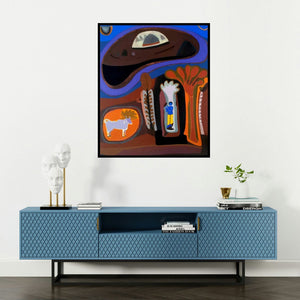 Rohit Joshi's 'Krishna In The Holt (Melodies in the Cosmos)' painting visualized above a sofa in a contemporary room.