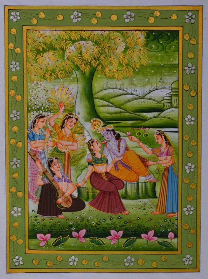 Religious miniature traditional art titled 'Krishna In Conversation With Radhaji', 13x9 inches, by artist Unknown on Silk