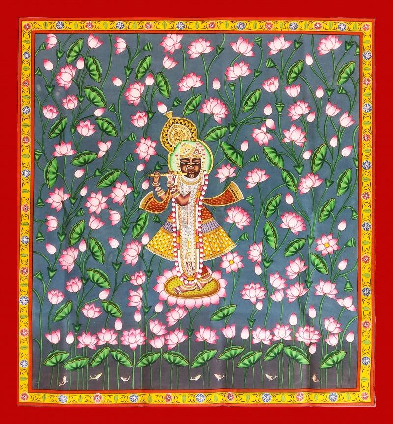 Religious pichwai traditional art titled 'Krishna In Kamal Talai', 48x48 inches, by artist Unknown on Cloth