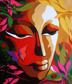 Krishna Iv (Nature's Embrace) by Dhananjay Mukherjee, Original Acrylic Religious Painting on Canvas, Small Vertical Wall Art