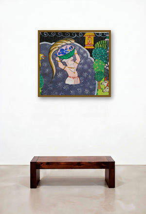 Krishna Janma (Divine Birth) by artist Ujwala Chavan displayed in a Mid-Century Modern Penthouse