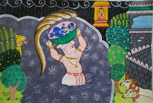 Krishna Janma (Divine Birth) by Ujwala Chavan, Original Acrylic Folk Art Painting on Paper, Small Horizontal Wall Art