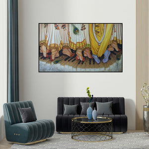 Rakhi Baid's 'Krishna Leela (Krishna Leela)' painting visualized above a sofa in a contemporary room.