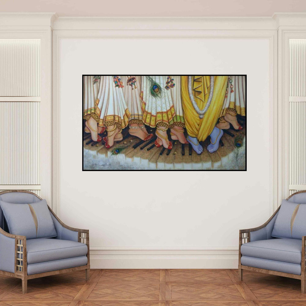 'Krishna Leela (Krishna Leela)' painting by Rakhi Baid shown on a wall in a furnished room.