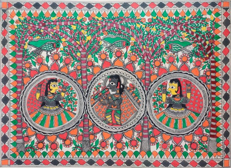 Religious madhubani traditional art titled 'Krishna Leela 2', 22x30 inches, by artist Mithilesh Jha on Paper