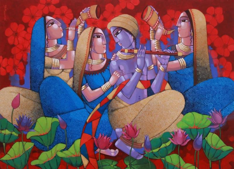 Religious acrylic painting titled 'Krishna Leela', 48x66 inches, by artist Sekhar Roy on Canvas
