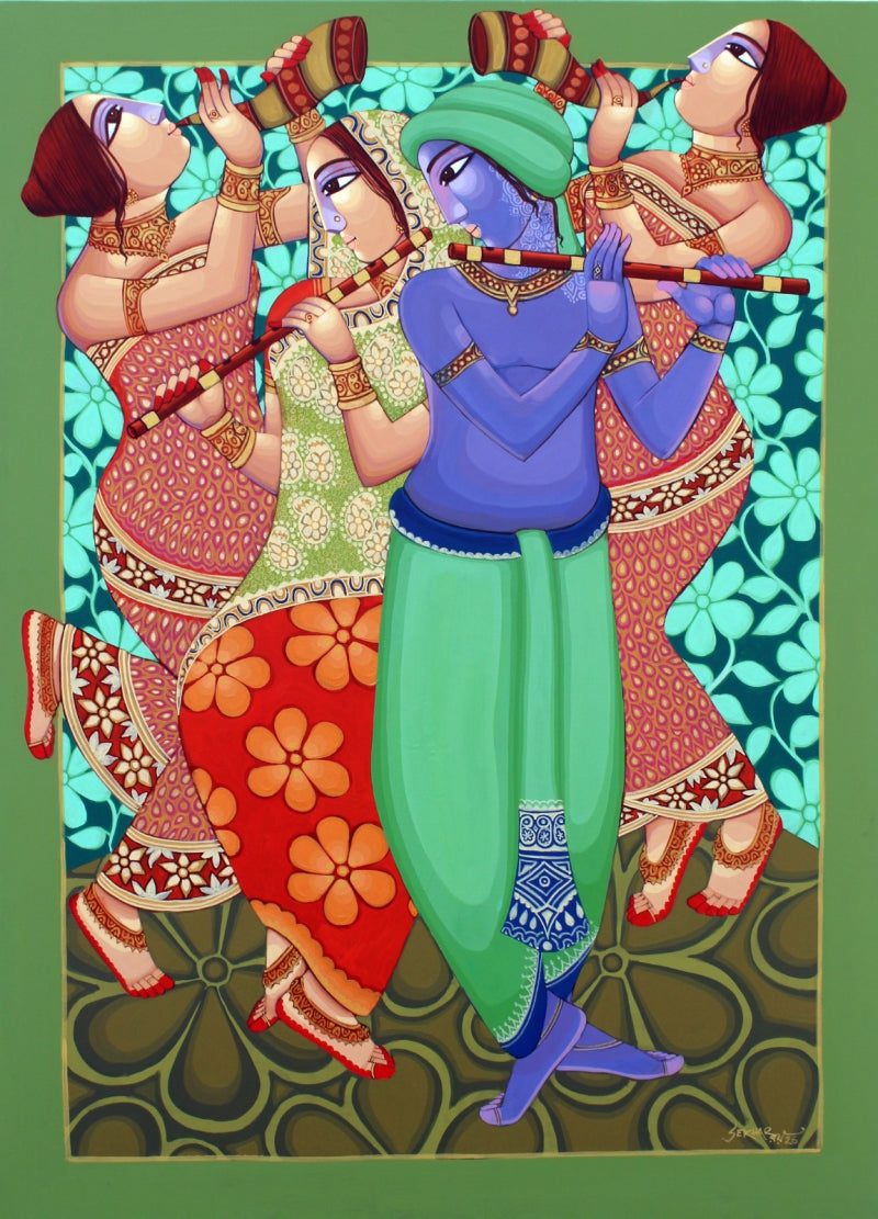 'Krishna Leela' religious acrylic painting by artist Sekhar Roy, 60x48 inch, on canvas