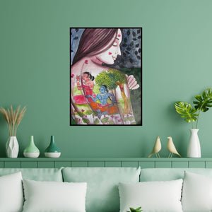 Preview of 'Krishna Leela I' Painting by Pradeep Swain shown on a wall in a furnished room.