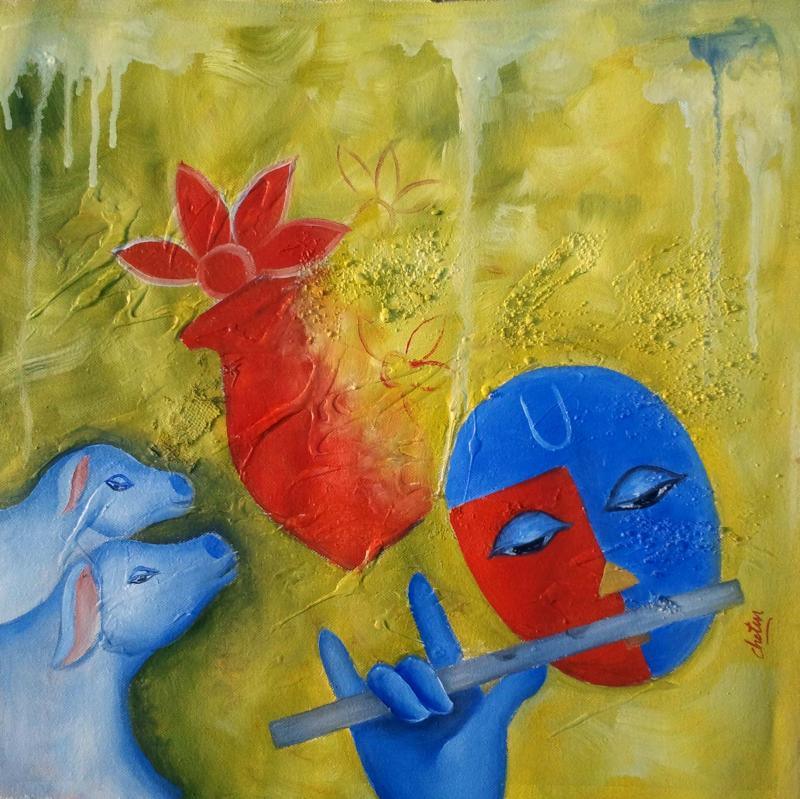Religious oil painting titled 'Krishna Love 3', 16x16 inches, by artist Chetan Katigar on Canvas