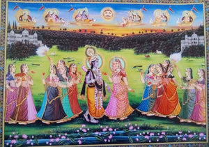 Krishna Meets Radha (Divine Embrace) by Rajendra Khanna, Original Tribal Religious Painting on Cloth, X-Large Horizontal Wall Art