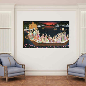 'Krishna Nauka Vihar (Divine Waterside Journey)' painting by Rajendra Khanna shown on a wall in a furnished room.
