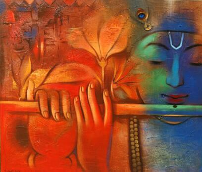 Religious acrylic painting titled 'Krishna Playing Flute 4', 36x42 inches, by artist Balaji Ubale on Canvas