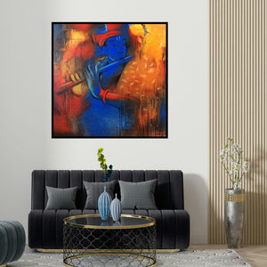 Balaji Ubale's 'Krishna Playing Flute 5 (Enchanting Flute)' painting visualized above a sofa in a contemporary room.