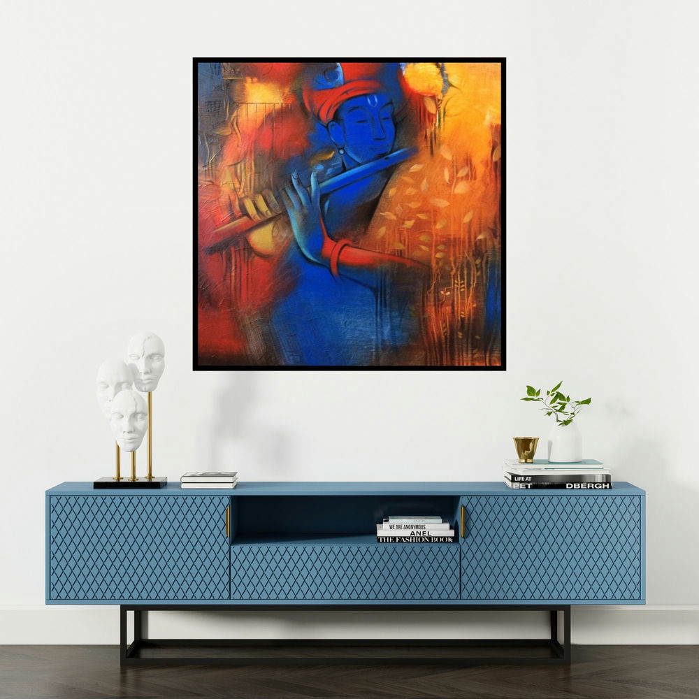 'Krishna Playing Flute 5 (Enchanting Flute)' painting by Balaji Ubale shown on a wall in a furnished room.