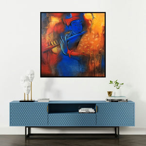 'Krishna Playing Flute 5 (Enchanting Flute)' painting by Balaji Ubale shown on a wall in a furnished room.