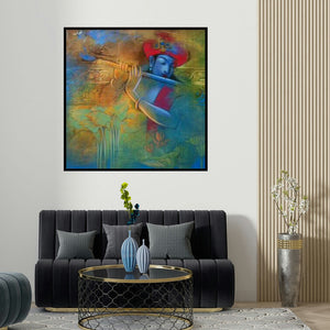 Balaji Ubale's 'Krishna Playing Flute 7' painting visualized above a sofa in a contemporary room.