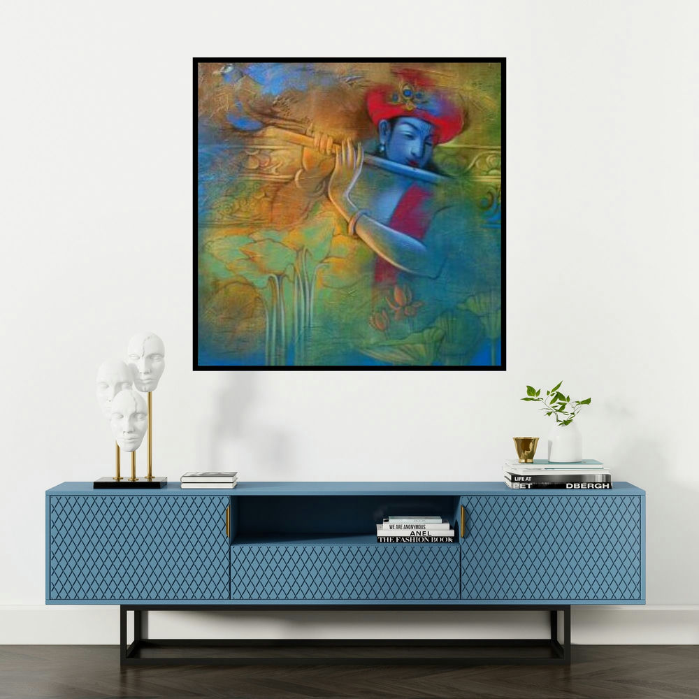 'Krishna Playing Flute 7' painting by Balaji Ubale shown on a wall in a furnished room.