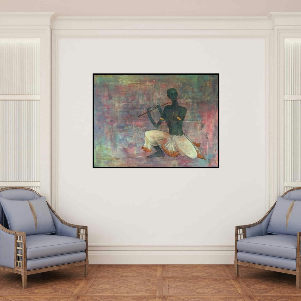 'Krishna Playing Flute (Enchanting Melodies)' painting by Durshit Bhaskar shown on a wall in a furnished room.